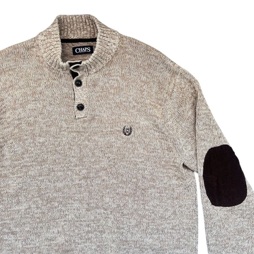 Chaps Men's  Size XL Beige Knit Pullover Sweater with Elbow Patches - Picture 2 of 6